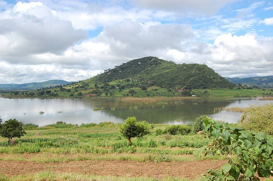 Le lac Babati au pied d'une colline boisée, avec des champs de maïs au premier plan, dans la région de Manyara