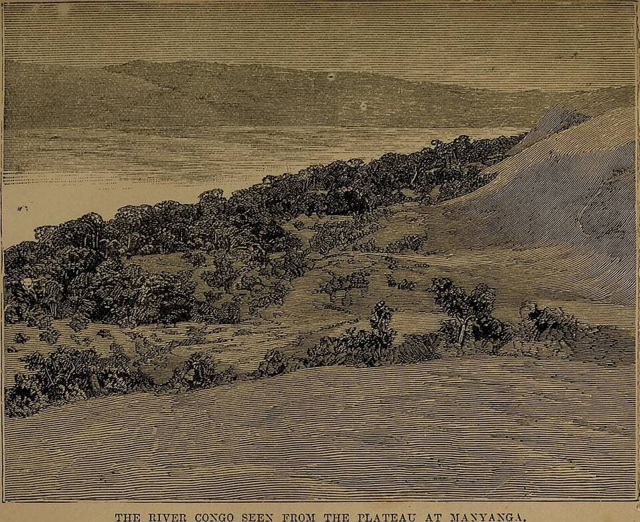 Gravure du fleuve Congo vu depuis le plateau de Manyanga, au-dessus de pentes boisées