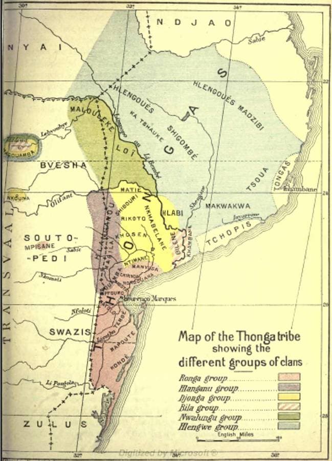 Carte des groupes tsonga et de leur localisation, dressée par Henri-Alexandre Junod pour son étude.