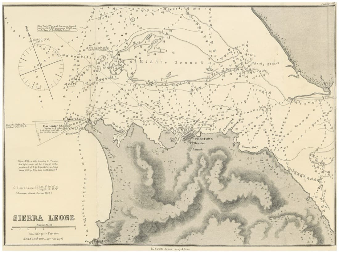 Carte marine de la baie de Freetown gravée pour un guide nautique de 1884.