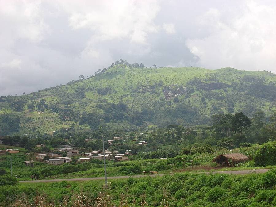 Colline boisée dominant les maisons de Biankouma, au-dessus de champs verts traversés par une route