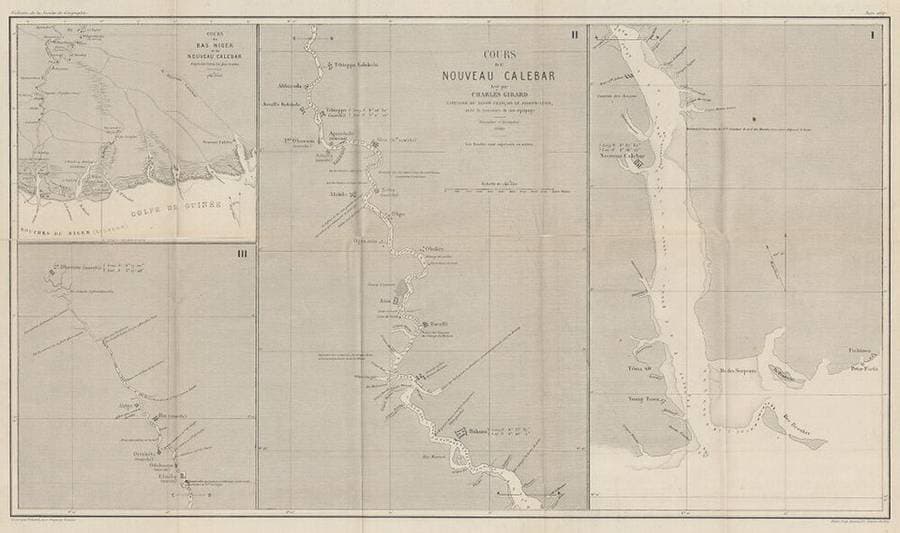 Carte de 1867 en trois panneaux et un carton du cours du « Nouveau Calebar », nom européen du fleuve des Kalabari, et des bouches du Niger
