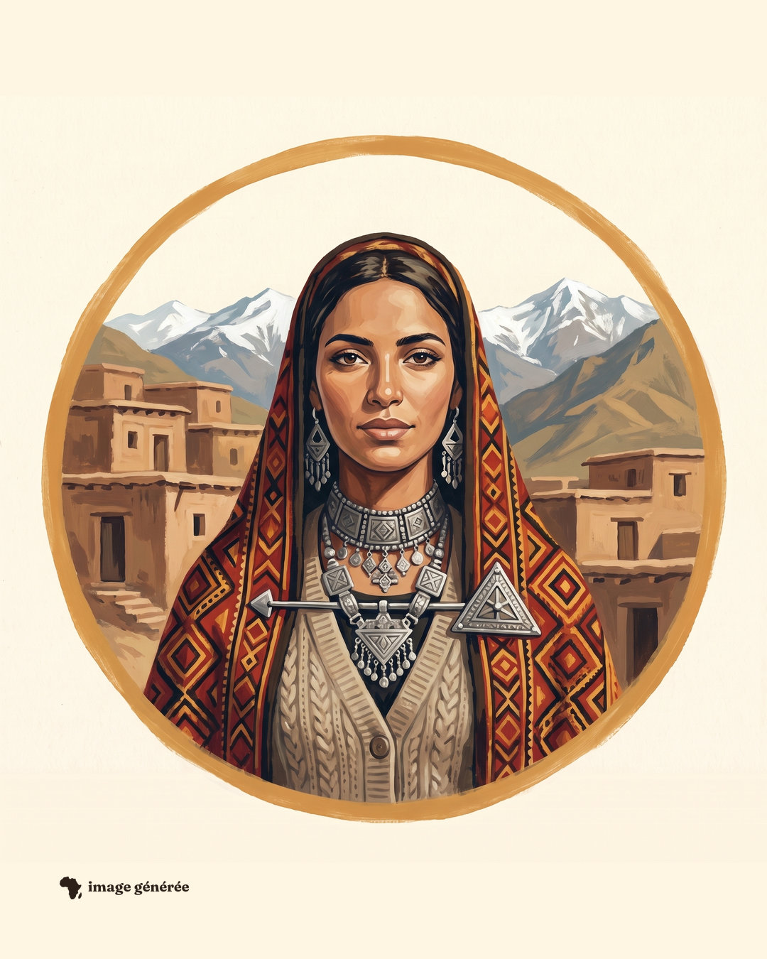 Portrait peint dans un cercle sur papier crème : une femme au voile tissé de losanges rouges et ocre, parée d’un collier et d’une fibule d’argent, devant des maisons de terre et des montagnes enneigées.