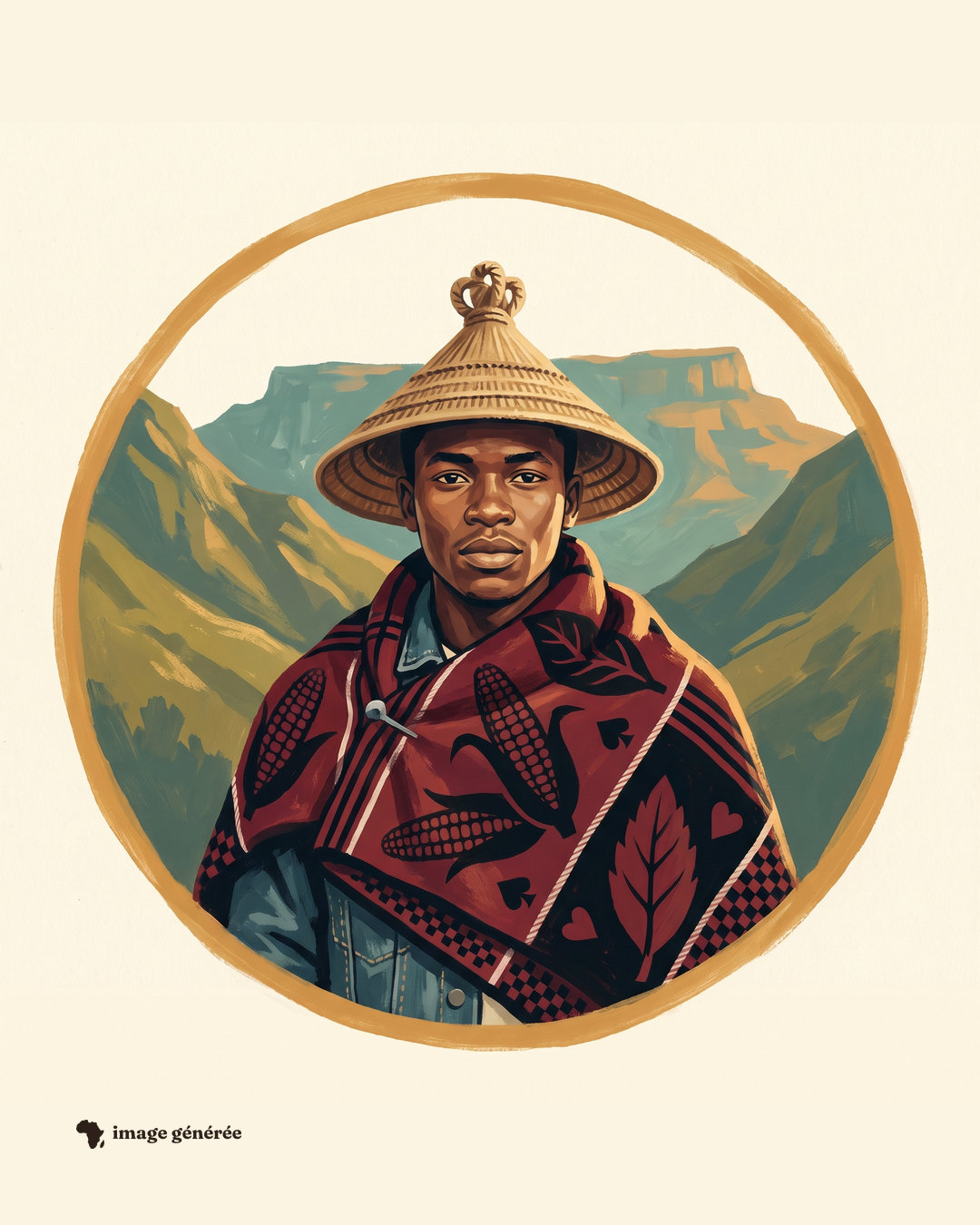 Portrait peint dans un cercle sur papier crème : un jeune homme coiffé d’un chapeau conique en paille tressée, drapé dans une couverture rouge à motifs d’épis de maïs, devant des montagnes vertes.