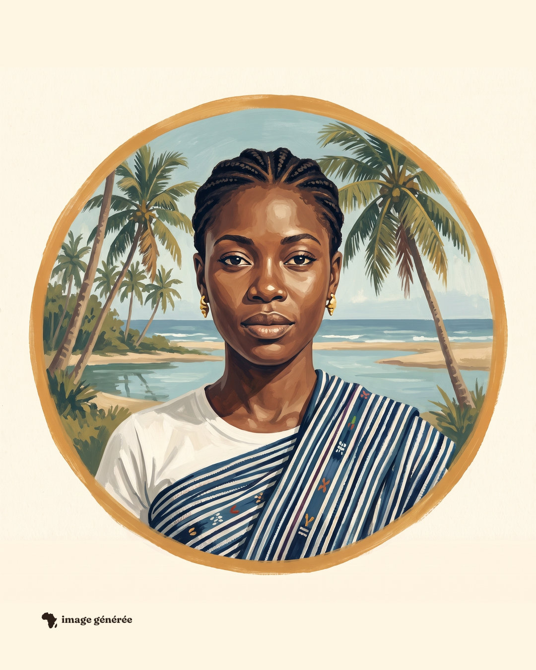 Portrait peint dans un cercle sur papier crème : une femme aux cheveux tressés, un tissu rayé bleu et blanc sur l’épaule, devant une lagune, une plage et des palmiers.