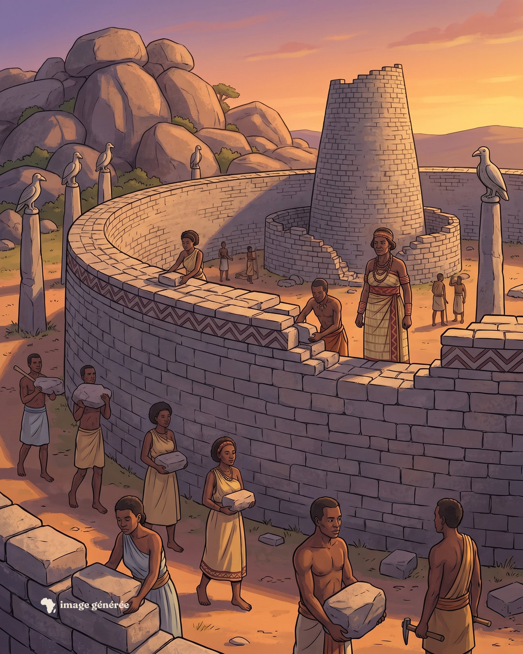 Illustration au couchant : des hommes et des femmes portent et posent des blocs de granit sur une haute enceinte courbe, devant une tour conique et des piliers surmontés d’oiseaux sculptés.