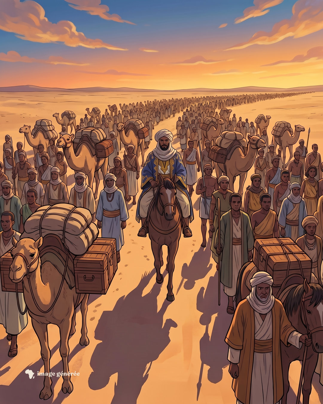 Illustration : un homme en tunique brodée et turban blanc, à cheval, au cœur d’une longue caravane de chameaux chargés de ballots et de coffres, qui s’étire dans le désert jusqu’à l’horizon.