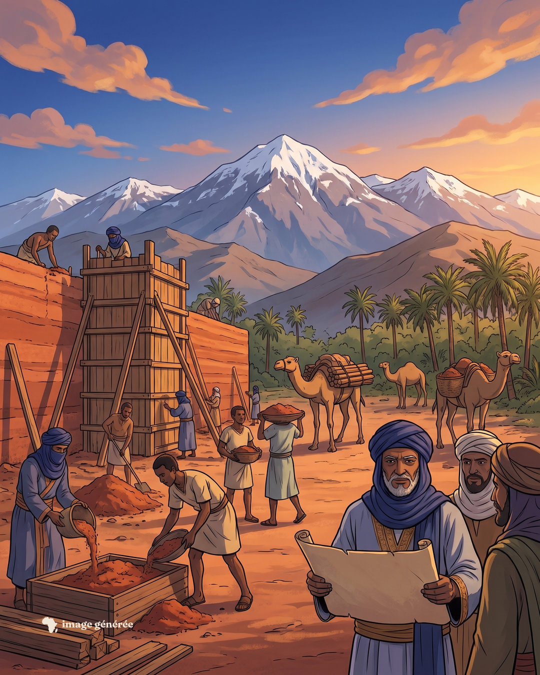Illustration : des bâtisseurs voilés de bleu versent et damment de la terre rouge dans un coffrage de bois pour élever un mur ; un homme âgé déroule un plan, devant des chameaux, une palmeraie et des montagnes enneigées.