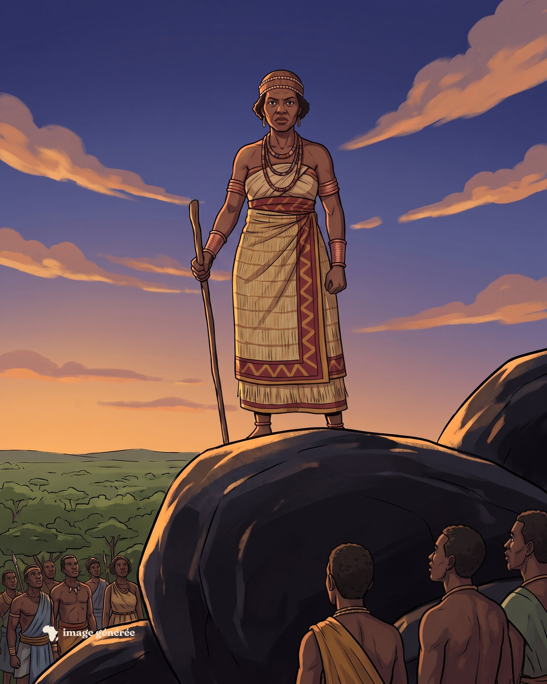 Illustration : une femme en pagne tissé à motifs rouges, un bâton à la main, se tient debout sur un grand rocher noir au crépuscule ; en contrebas, des hommes et des femmes la regardent.