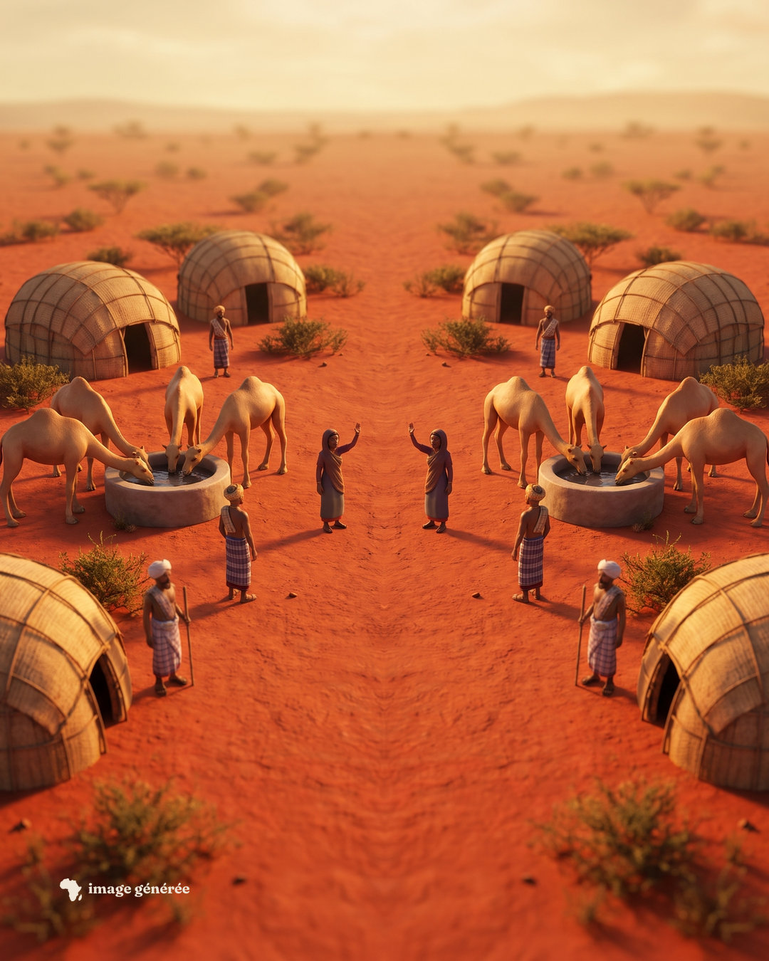 Maquette miniature en miroir sur une terre rouge : de chaque côté, des huttes de nattes arrondies, un puits où boivent des chameaux, des bergers en pagne à carreaux, et au centre deux femmes qui se saluent.