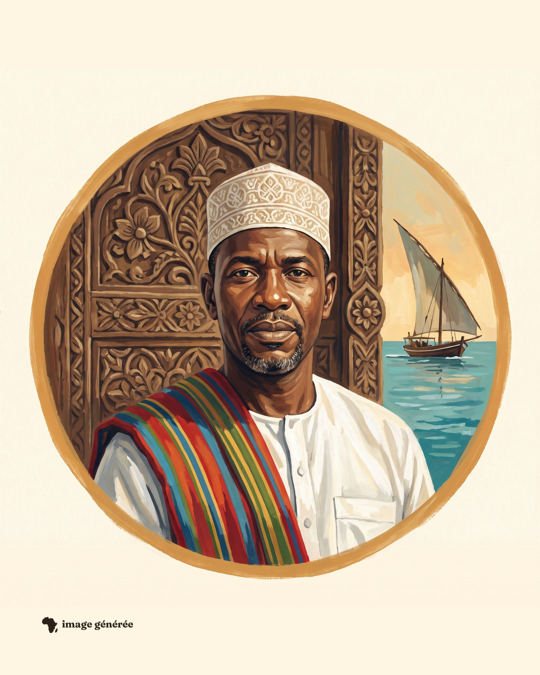 Portrait peint dans un cercle sur papier crème : un homme coiffé d’un bonnet blanc brodé, une étoffe rayée sur sa tunique blanche, devant une porte de bois sculptée et un voilier sur la mer.