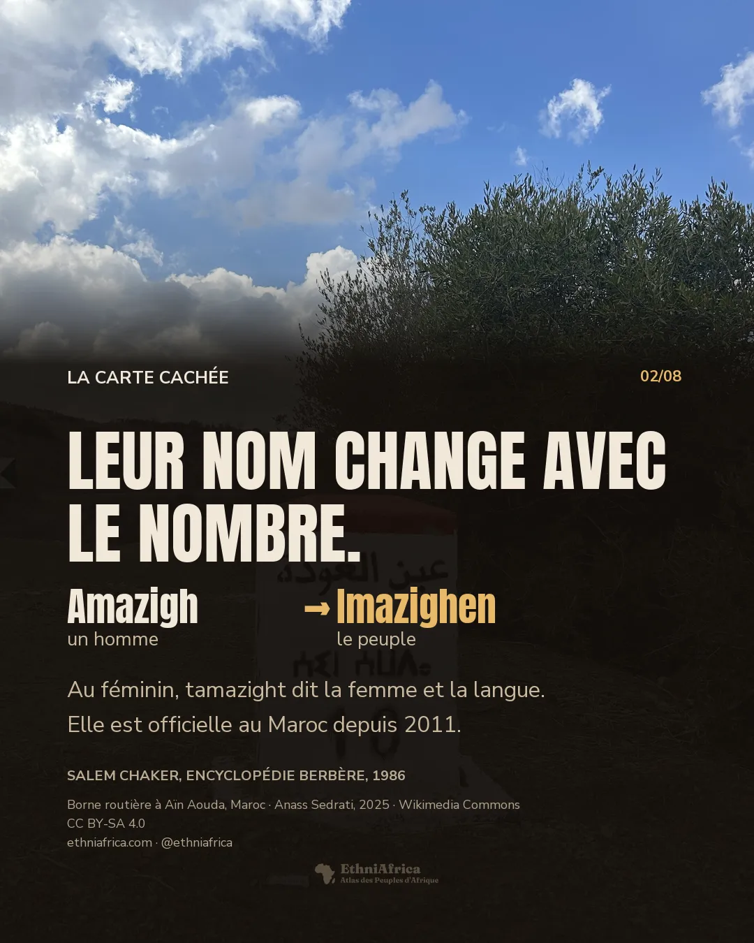 une borne routière blanche à sommet rouge, portant un nom en arabe, le même en tifinagh et le chiffre 10, au bord d'une route de campagne