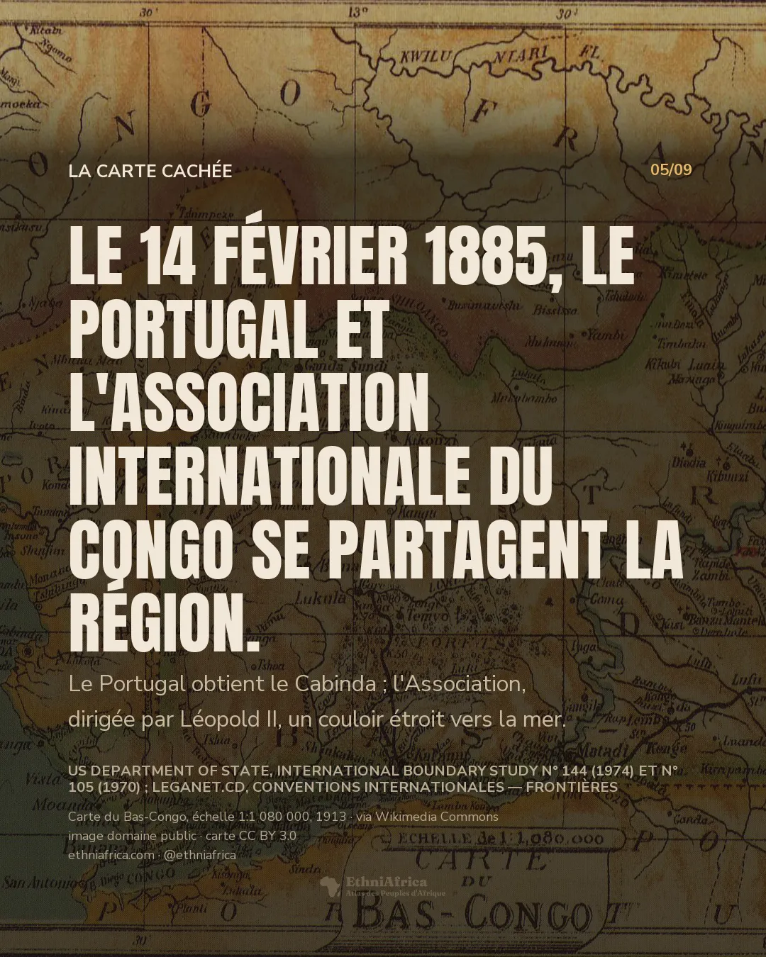 une carte ancienne aux couleurs pastel intitulée « Carte du Bas-Congo », montrant l'enclave portugaise du Cabinda au coin inférieur gauche, le Congo français au nord et le district du Congo belge à l'est