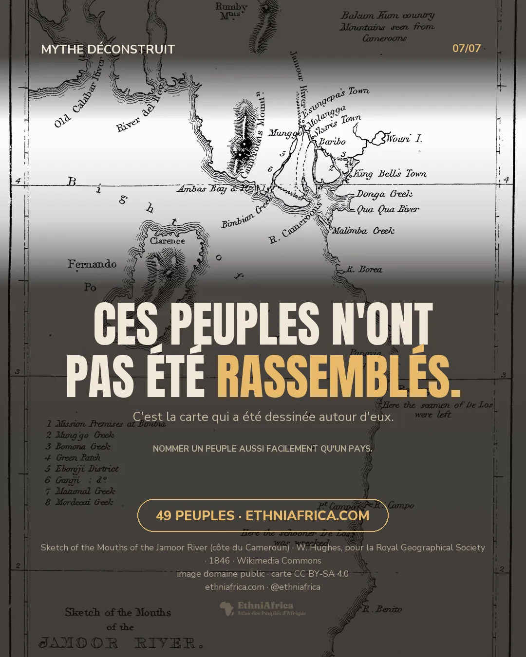 une carte côtière gravée en noir et blanc du XIXe siècle intitulée « Sketch of the Mouths of the Jamoor River », montrant Fernando Po, la baie d'Ambas, le mont Cameroun, King Bell's Town et un système fluvial nommé « R. Cameroons », avec une légende numérotée et une échelle de milles
