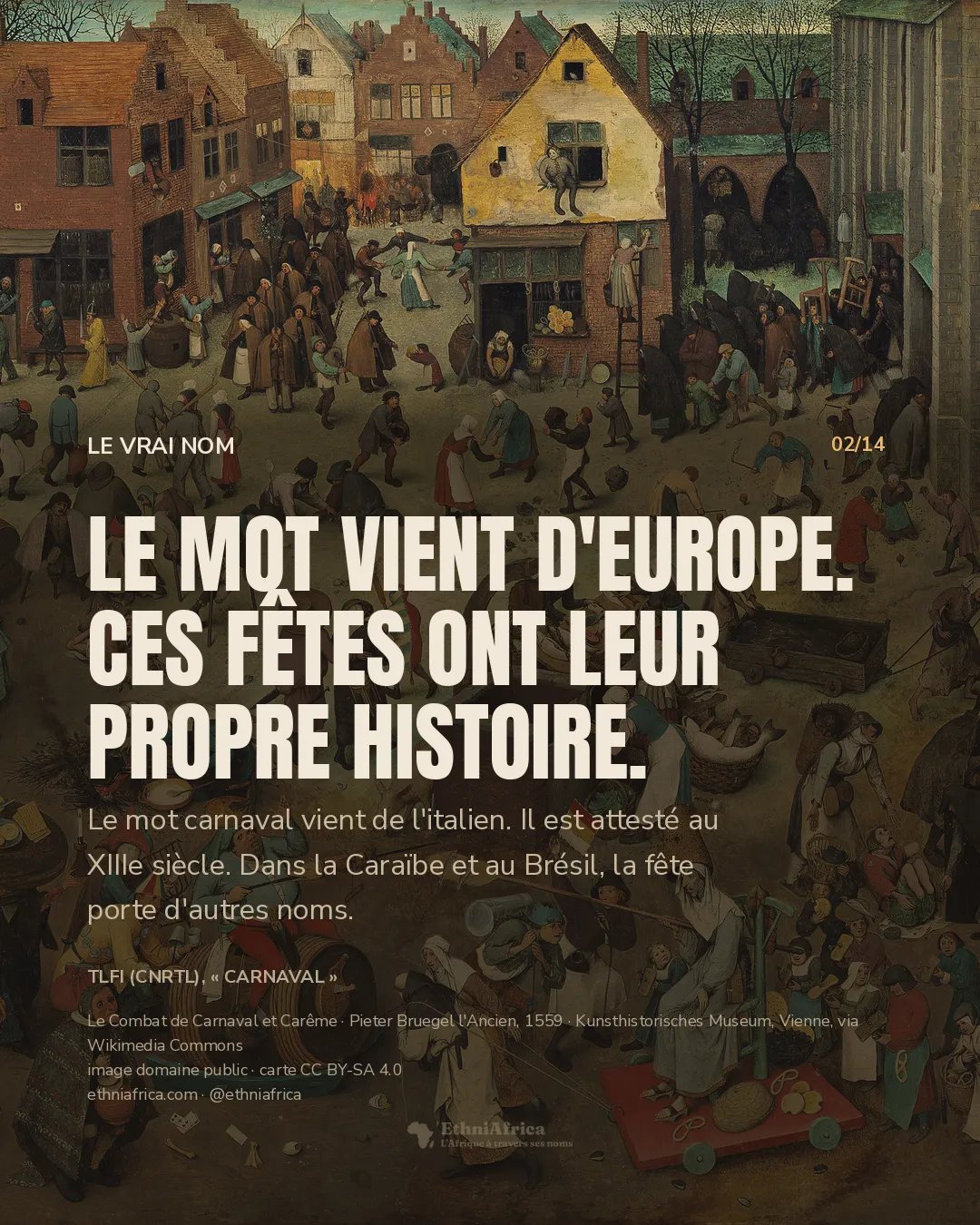 Une place flamande grouillante : au premier plan, un gros homme à califourchon sur un tonneau, une broche à la main, fait face à une femme maigre sur un chariot rouge chargé de pain et de harengs ; autour, une foule, des mendiants et des fidèles sortant d'une église.