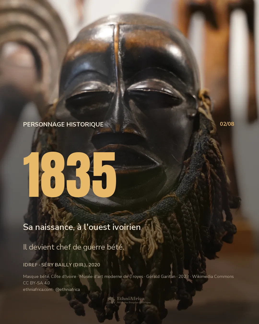 un masque bété en bois sombre poli, visage lisse aux yeux mi-clos, une barbe de cordelettes tressées vertes et beiges suspendue sous le menton, exposé en musée, d'autres masques flous à l'arrière-plan