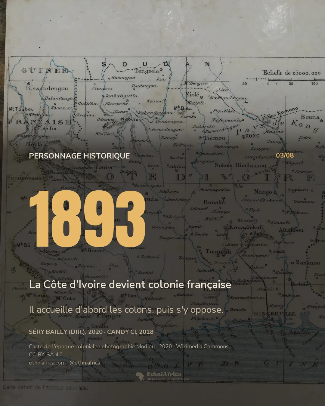 une carte imprimée de l'époque coloniale montrant l'intérieur de la Côte d'Ivoire, ses villes (Séguéla, Man, Bouaké, Toumodi, Bingerville) et ses frontières avec la Guinée et le Soudan français, photographiée sur un support incliné