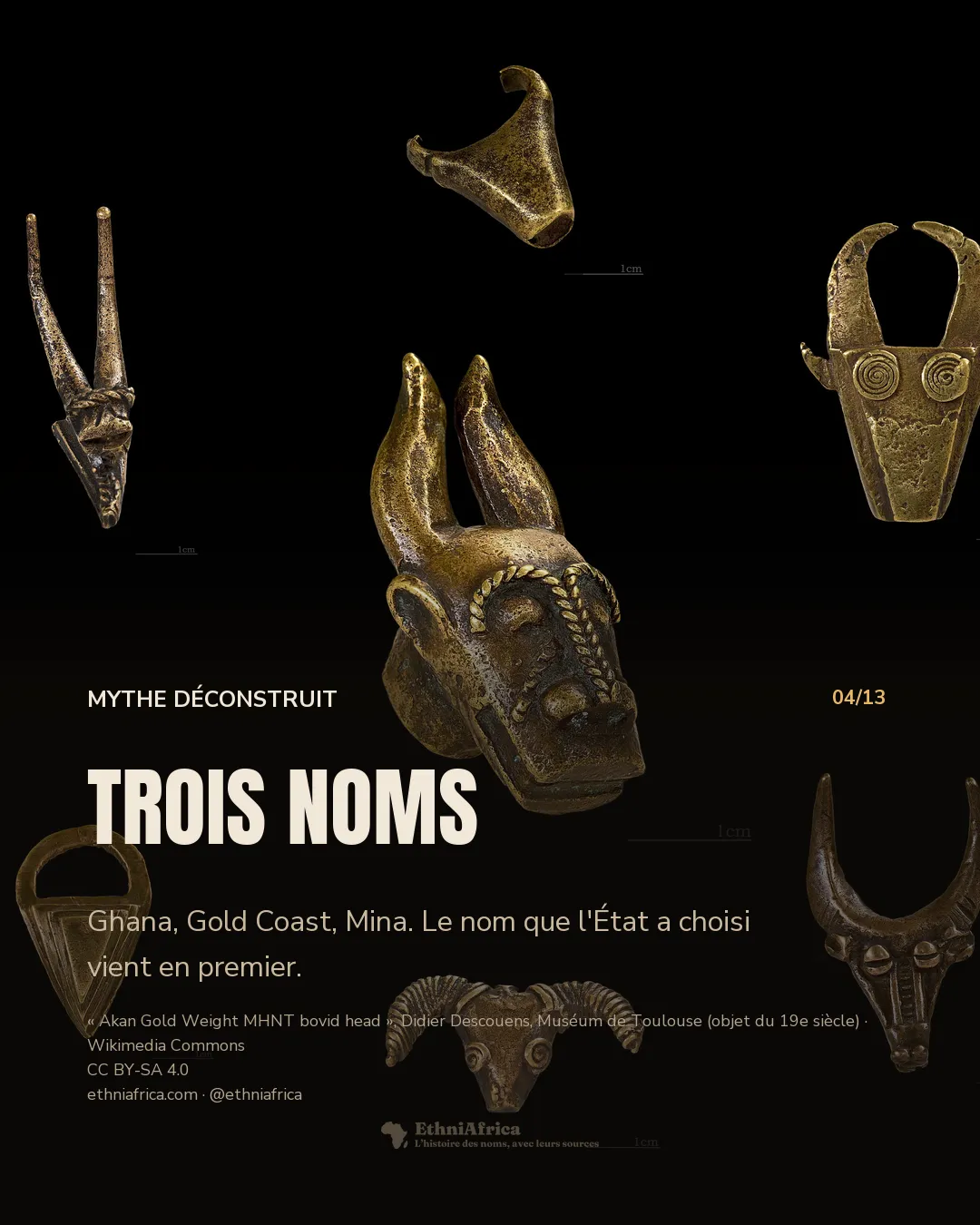 Sept poids en laiton à peser la poudre d'or, têtes de bovidés stylisées dont une grande au centre, photographiés sur fond noir avec une échelle d'un centimètre.