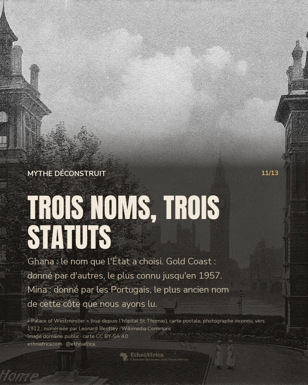 Carte postale en noir et blanc : deux pavillons d'hôpital en brique encadrent un jardin ; au loin, de l'autre côté de la Tamise, le palais de Westminster et sa tour de l'horloge. La légende imprimée dit « St. Thomas's Hospital, View from St. Thomas's Home ».
