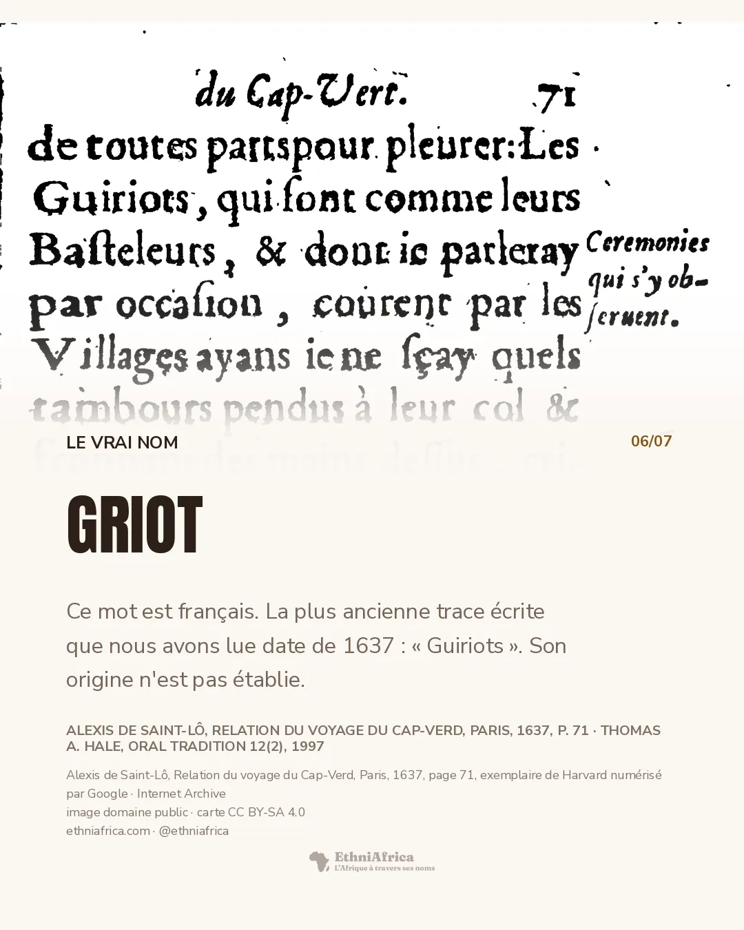 page imprimée ancienne, en-tête « du Cap-Vert. 71 », où se lit « Les Guiriots, qui sont comme leurs Basteleurs »