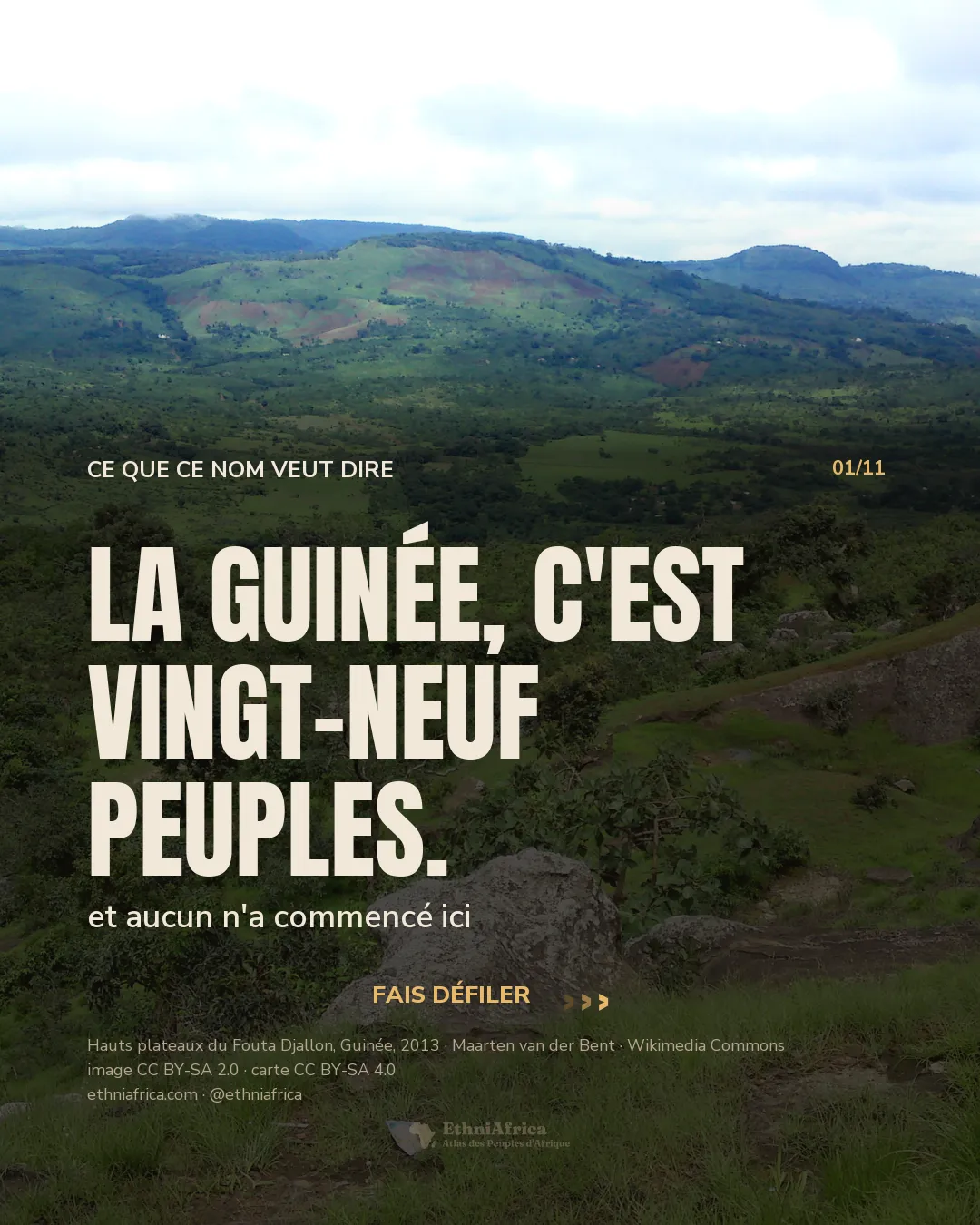Une vallée verte de saison des pluies vue depuis une hauteur : prairies et bosquets jusqu'à des crêtes bleutées, quelques vaches qui pâturent à gauche, un gros rocher clair au premier plan, sous un ciel couvert.