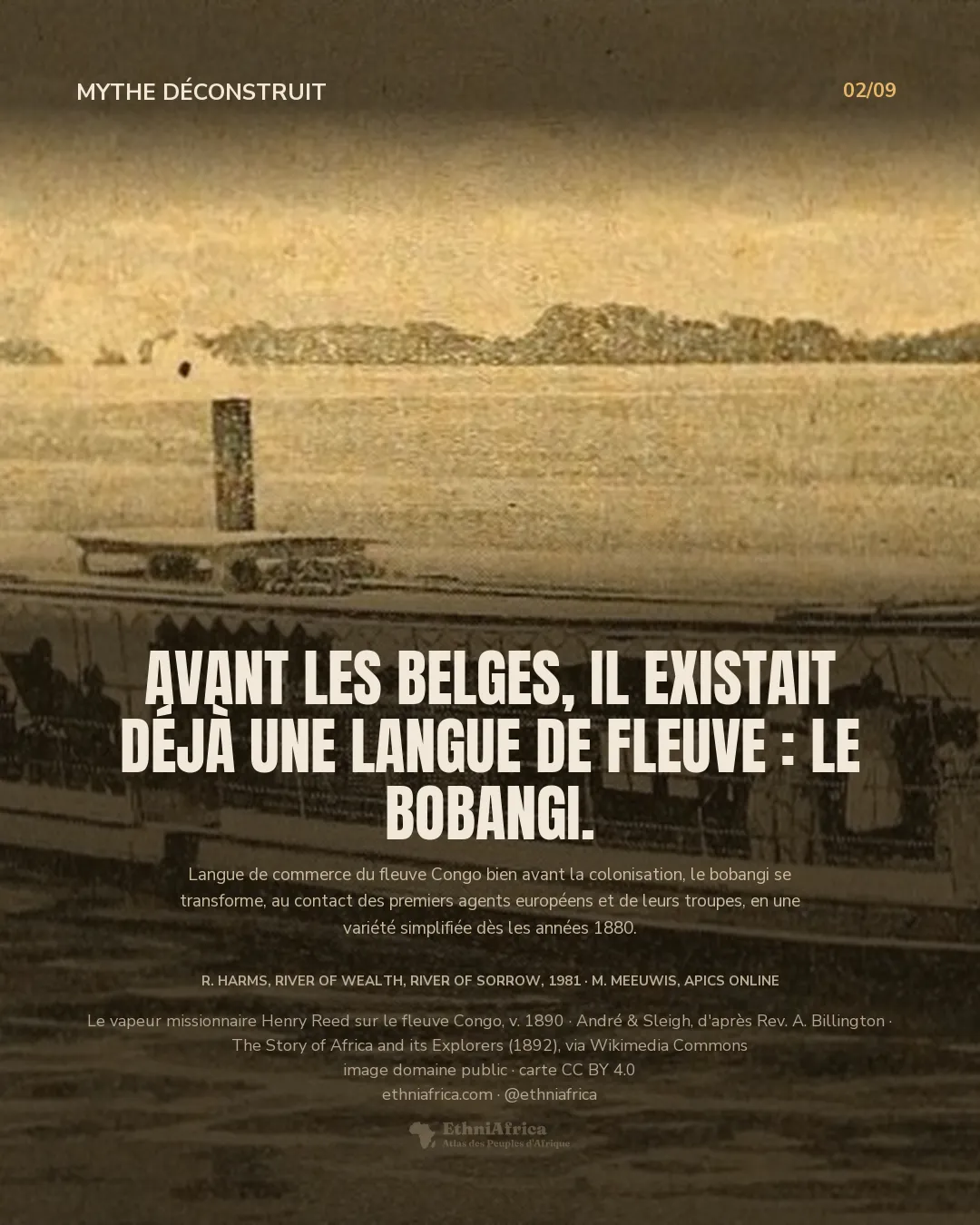 Gravure d'un vapeur fluvial à aubes, bâché et pavoisé, remontant un large fleuve avec des passagers à son bord, une rive boisée à l'horizon.