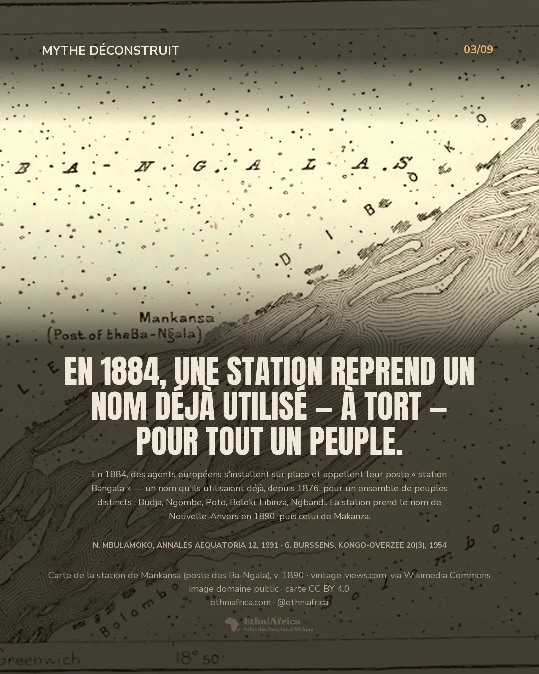 Carte en courbes de niveau d'un méandre du fleuve, avec la mention manuscrite « Mankansa (Post of the Ba-Ngala) » et les toponymes Bangalasoko et Bolombo.