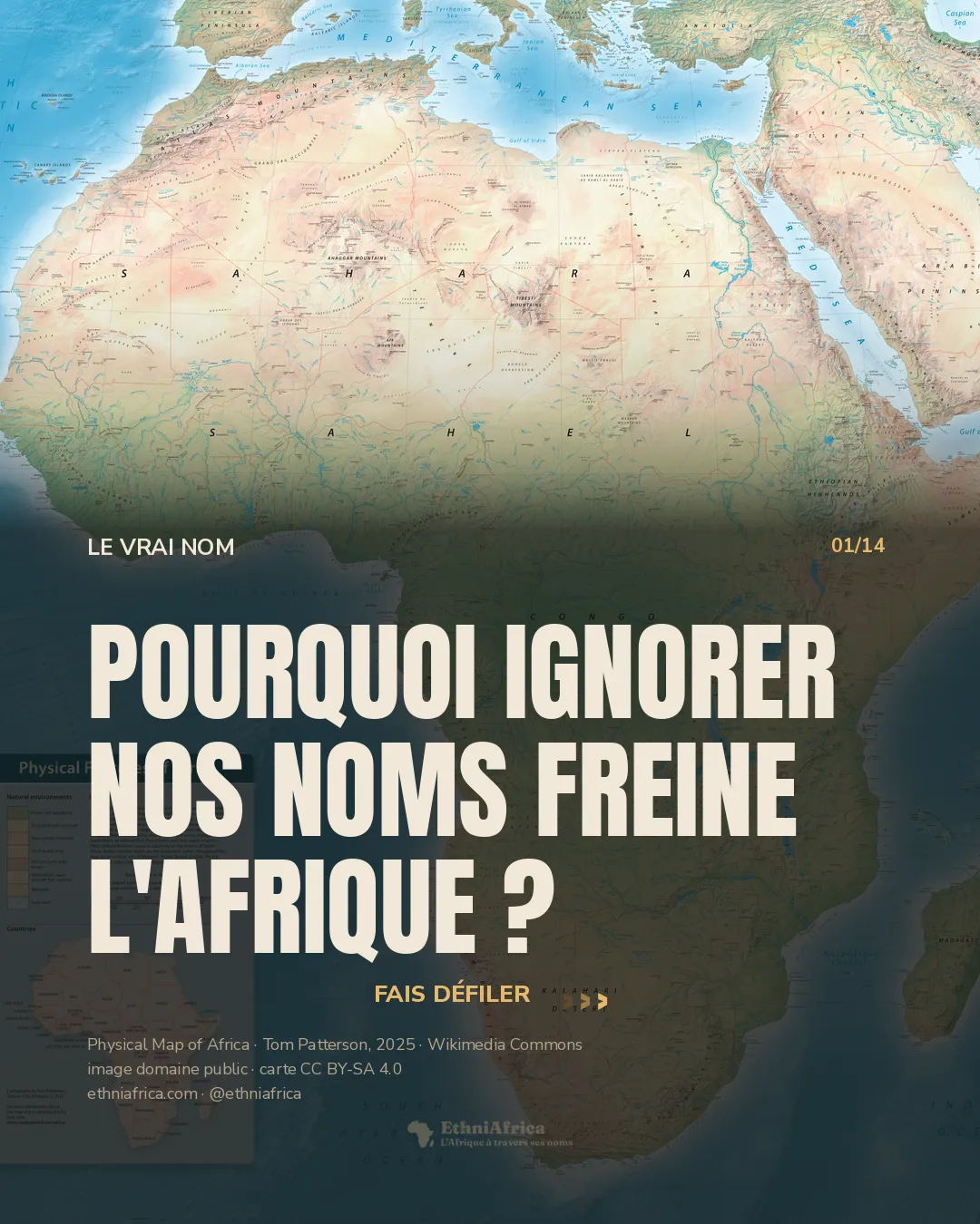 carte physique de l'Afrique en couleurs, relief ombré, avec un petit encart de légende en bas à gauche