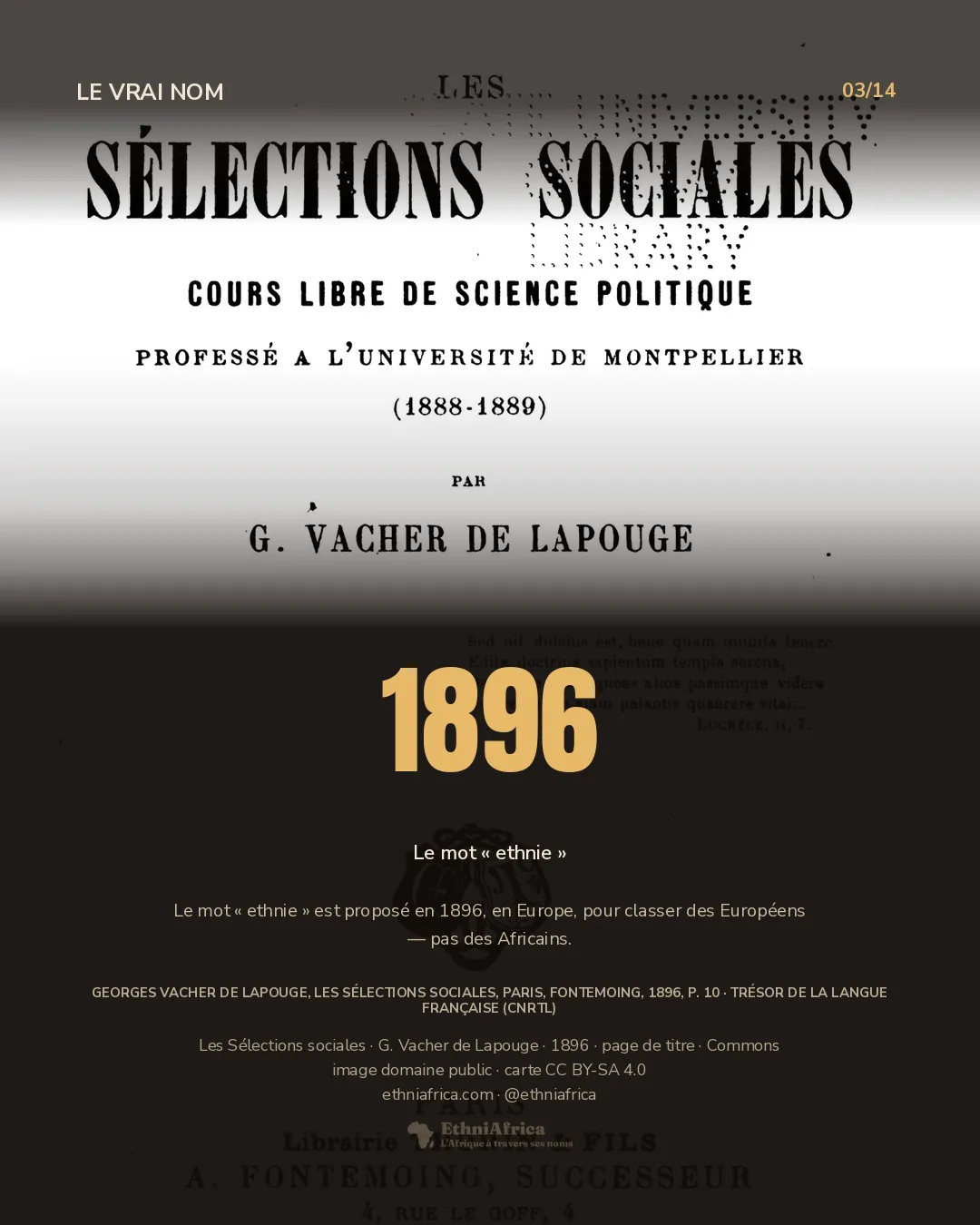 page de titre d'un livre ancien : « Les Sélections sociales », cours libre de science politique, par G. Vacher de Lapouge, Paris, 1896