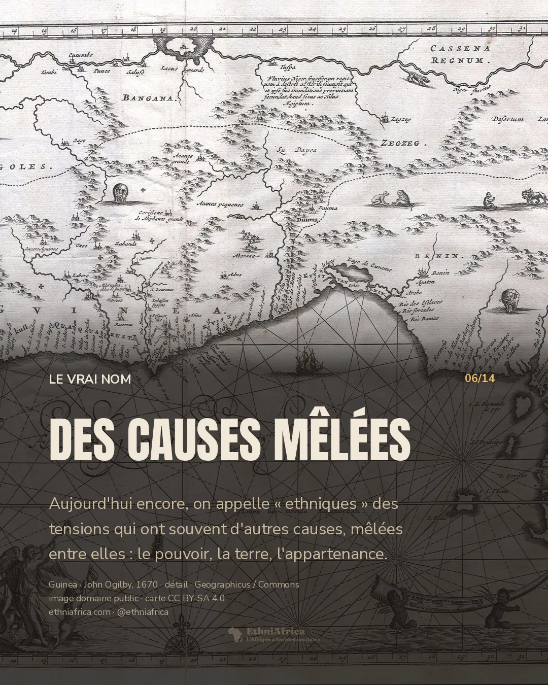 carte gravée ancienne de la côte de Guinée en Afrique de l'Ouest, avec des noms de royaumes, des vaisseaux et des animaux dessinés