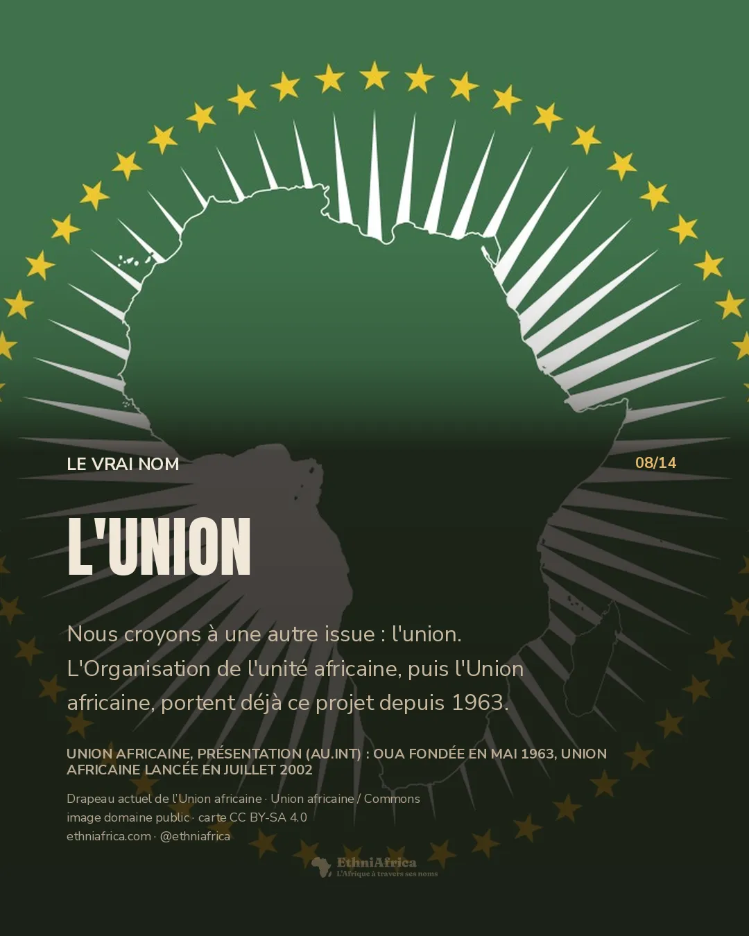 drapeau vert portant la silhouette blanche de l'Afrique entourée de rayons et d'un cercle d'étoiles dorées
